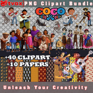 Coco PNG Clipart Bundle by ARTVAX - A vibrant collection inspired by the beloved characters and themes of "Coco," perfect for Day of the Dead-themed designs.
