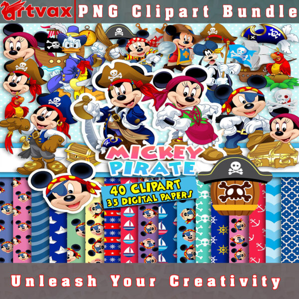 Mickey's Pirate Adventure PNG Clipart Bundle - A collection of charming clipart images featuring Mickey and his friends on a pirate adventure.