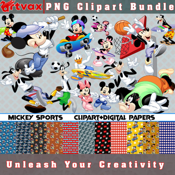 Mickey Sports PNG Clipart Bundle - A collection of dynamic clipart images featuring Mickey Mouse playing various sports, perfect for sports-themed designs.