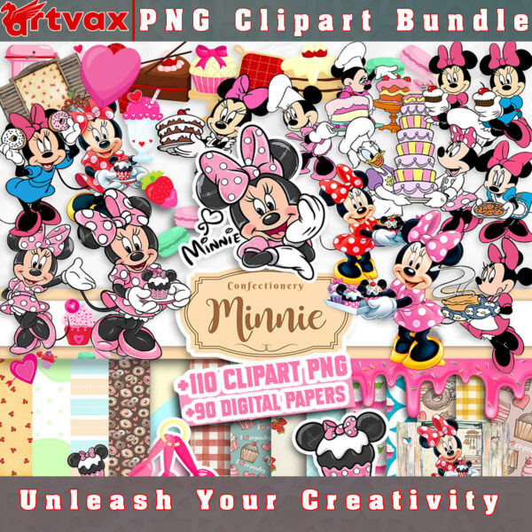 Minnie Confectioner PNG Clipart Bundle - A collection of charming clipart images featuring Minnie Mouse as a talented confectioner, perfect for adding a touch of sweetness to your projects.