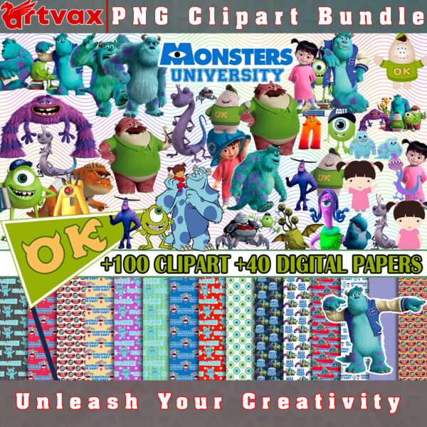 Monsters University PNG Clipart Bundle - A collection of charming clipart images featuring characters and elements from the beloved Pixar film "Monsters University," perfect for adding laughter and friendship to your designs