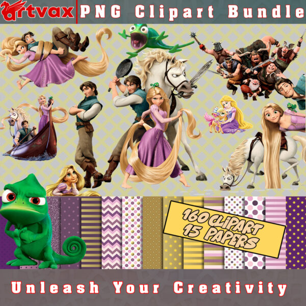 Rapunzel PNG Clipart Bundle - An enchanting collection of clipart images featuring characters from the classic fairy tale of Rapunzel.