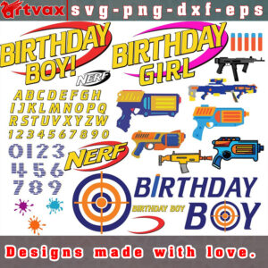 Digital illustration of toy blasters included in the Nerf SVG Bundle for birthday crafts.