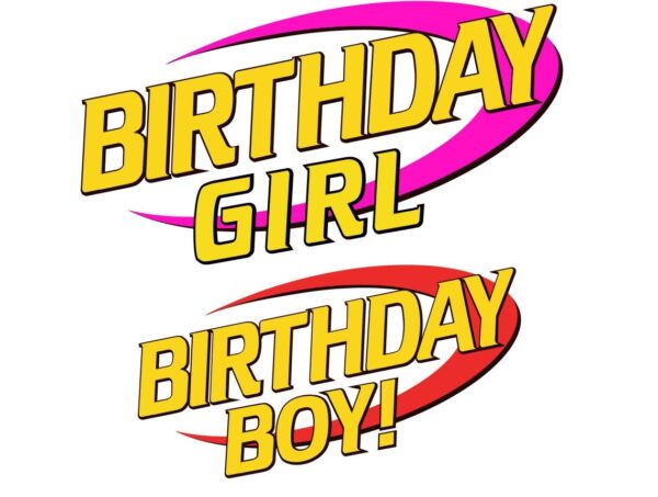 Digital illustration of SVG files for birthday boy and girl crafts included in the Toy Blaster SVG Bundle