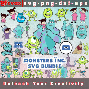 Monsters Inc SVG Bundle featuring Mike Wazowski, Sulley, Boo, and more characters from Disney Pixar's 'Monsters, Inc