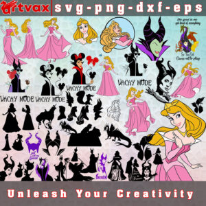 Sleeping Beauty SVG Bundle featuring Princess Aurora, Prince Phillip, Maleficent, and other beloved characters from Disney's classic animated film