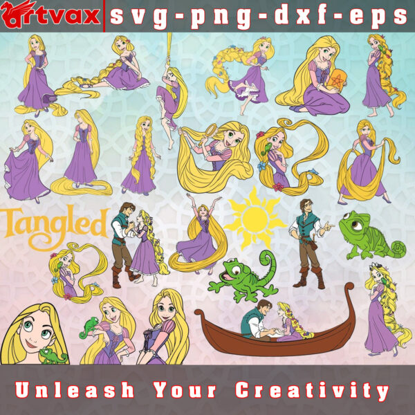 Tangled SVG Bundle featuring Rapunzel, Flynn Rider, Pascal, Maximus, and other beloved characters from Disney's 'Tangled.