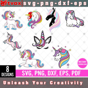 Unicorn SVG Bundle featuring majestic unicorns, colorful rainbows, whimsical stars, and other enchanting elements