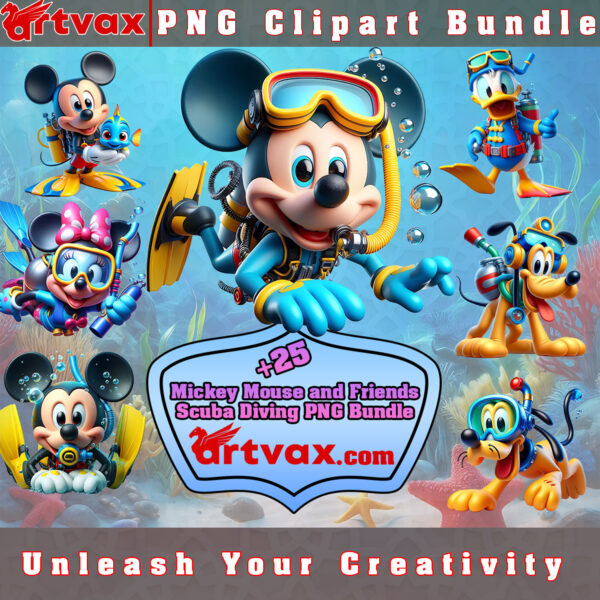 Mickey Mouse and Friends Scuba Diving PNG Bundle – high-quality digital designs of Mickey Mouse and friends scuba diving.