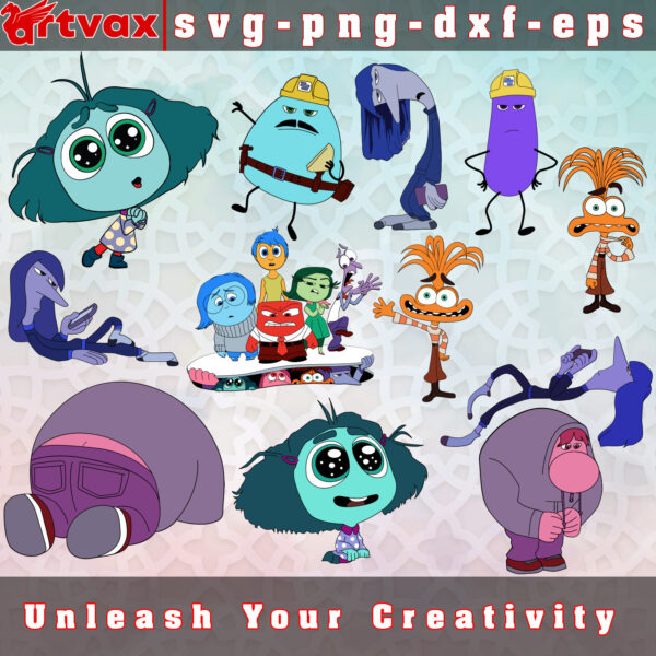 Inside Out 2 Character SVG Bundle featuring Joy, Sadness, Anger, Fear, Disgust, Anxiety, Envy, Nostalgia, Ennui, and Embarrassment