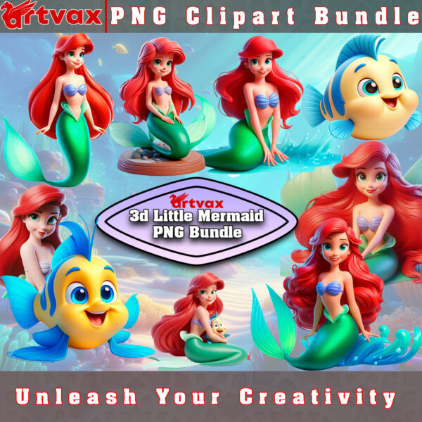 3D Little Mermaid PNG Bundle – high-quality digital designs of Ariel and friends with a 3D effect.