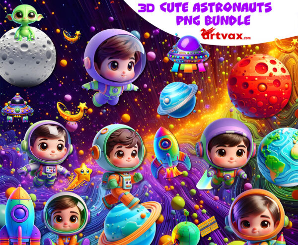 3D Cute Astronauts PNG Bundle