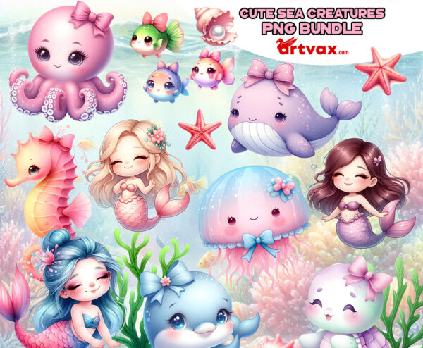 Cute Sea Creatures PNG Bundle