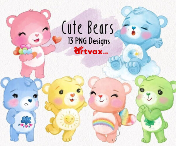 Cute Care Bears Watercolor Clipart PNG bundle