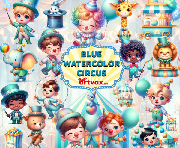 Blue Watercolor Circus Clipart Bundle