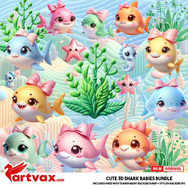 Cute 3D Shark Babies PNG Bundle