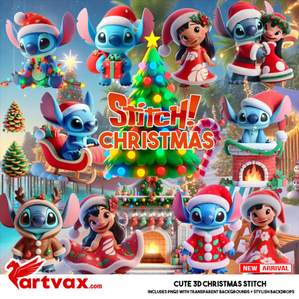 3D Christmas Stitch PNG Bundle | Lilo & Stitch Holiday Clipart for Sublimation & Crafts 🎅