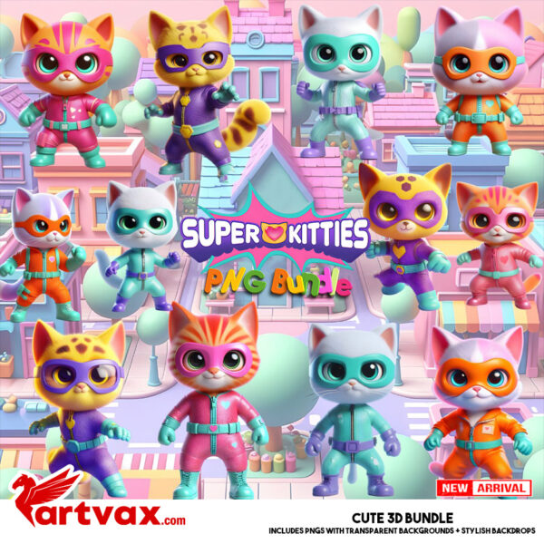 Cute 3D Super Kitties PNG Bundle | Adorable Hero Cats Clipart with Transparent Backgrounds | Perfect for Cricut, Sublimation & DIY Crafts