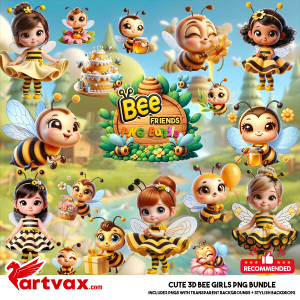 Cute 3D Bee Girls PNG Bundle