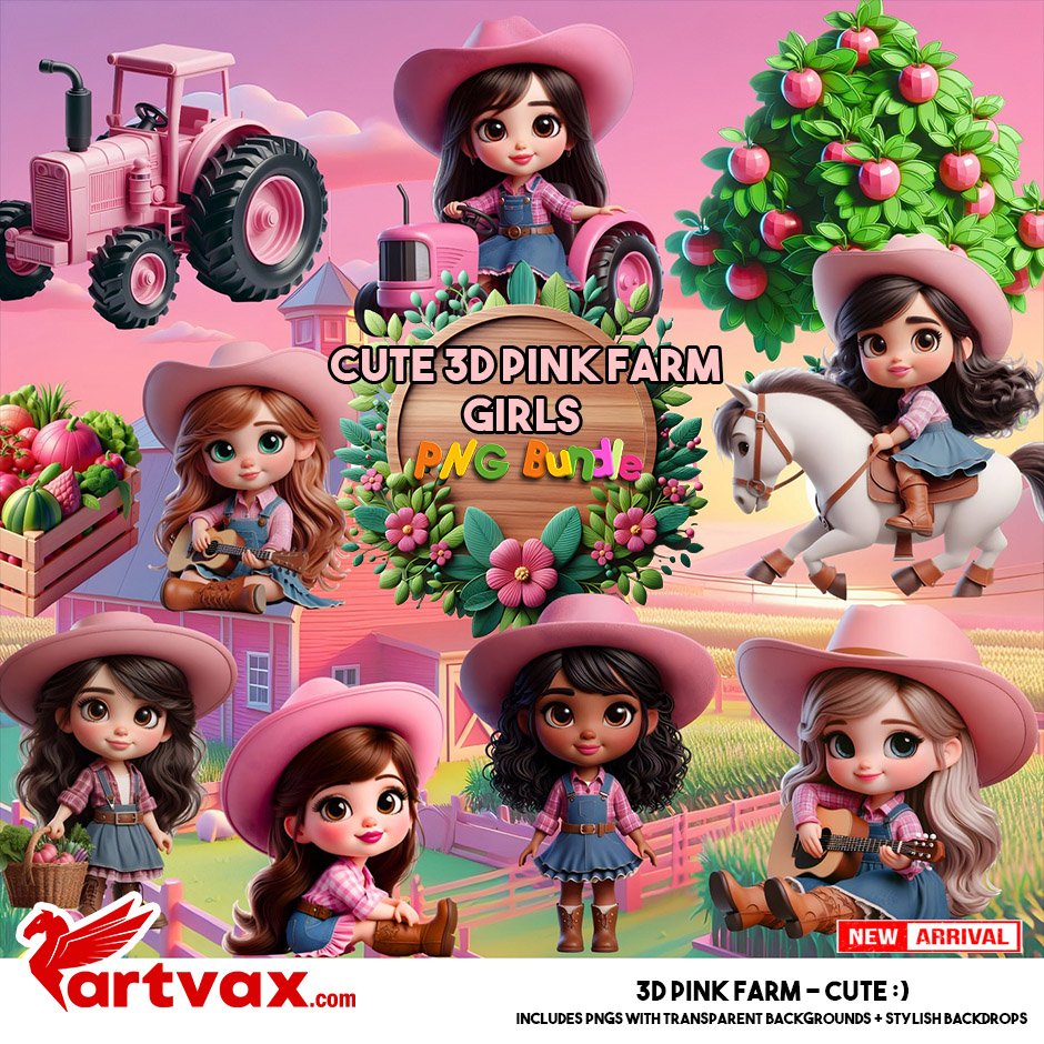 Cute 3D Pink Farm Girls PNG Bundle Country Themed Digital Clipart 