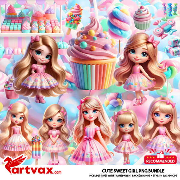 Cute Sweet Girl PNG Bundle | Candy-Themed 3D Clipart for Sublimation