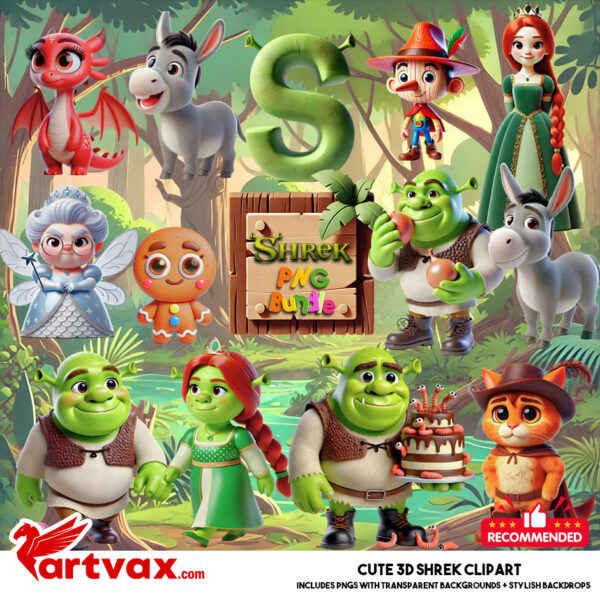 Cute 3D Shrek PNG Bundle | Donkey, Fiona, Puss in Boots & Friends Clipart | Transparent Backgrounds for Cricut, Sublimation & DIY