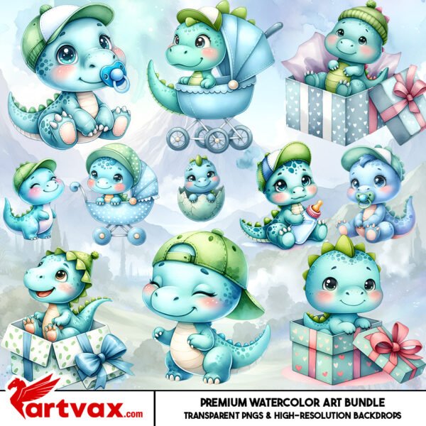 Blue Baby Dinosaur PNG Bundle