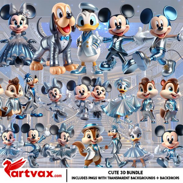 Mickey and Friends Silver Glam PNG Bundle