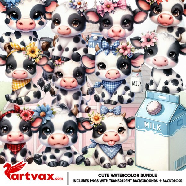 Watercolor Cow PNG Bundle
