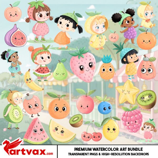 Fruit Kids Watercolor Clipart PNG Bundle