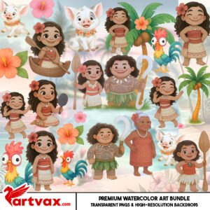 Moana Watercolor Clipart PNG Bundle