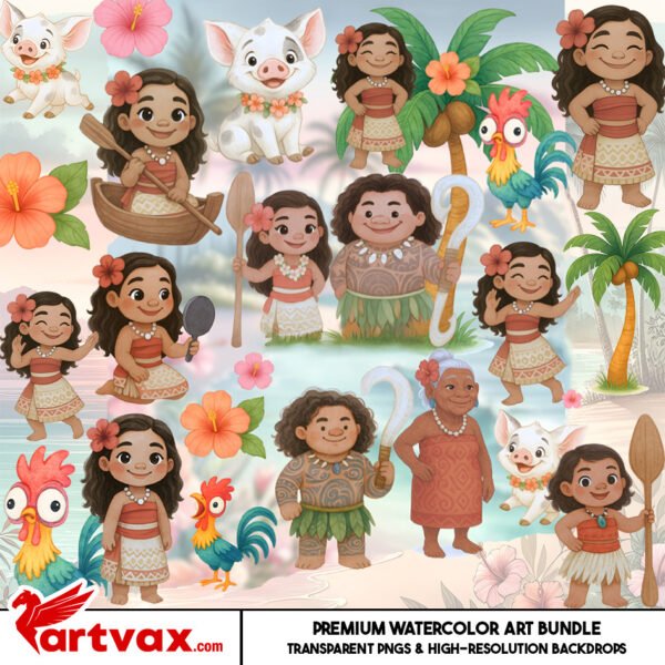 Moana Watercolor Clipart PNG Bundle