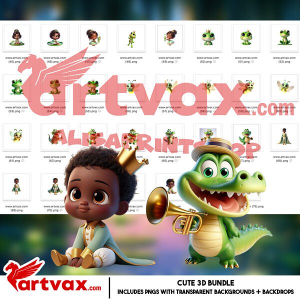 3D Princess and the Frog Clipart Bundle | Baby Tiana Green Dress PNG | Cute Fairytale Royal Couple | Afro Princess Graphics for Kids Crafts - Image 2