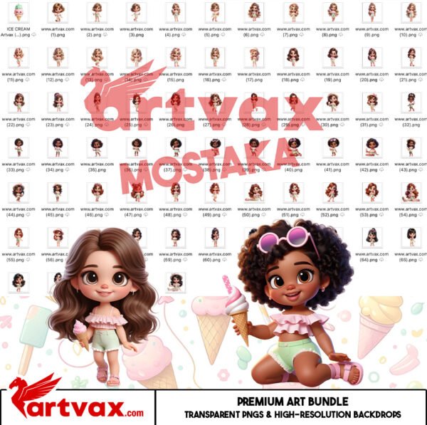 Ice Cream Girl PNG Bundle | Cute Summer Clipart for Kids | Kawaii Ice Cream Truck, Popsicles, Dessert Girls | Digital PNG Set - Image 2