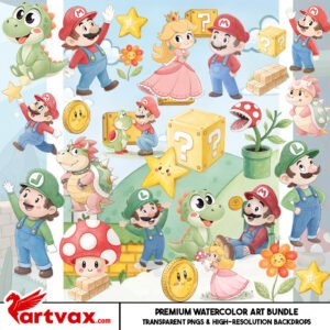 Watercolor Mario PNG Bundle