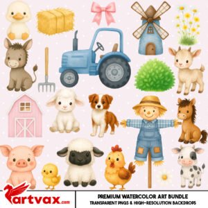 Farm Animal Watercolor PNG Bundle