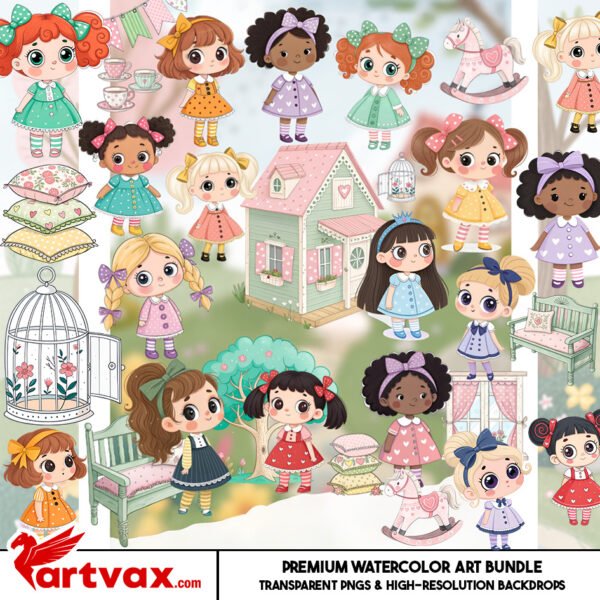 Dollhouse Girls Clipart PNG Bundle