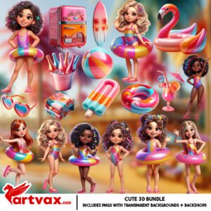 Summer Pool Party Girl Clipart Bundle – Cute 3D Beach PNGs, Float Ring, Ice Cream, Swimsuit Girls, Tropical Kids Art