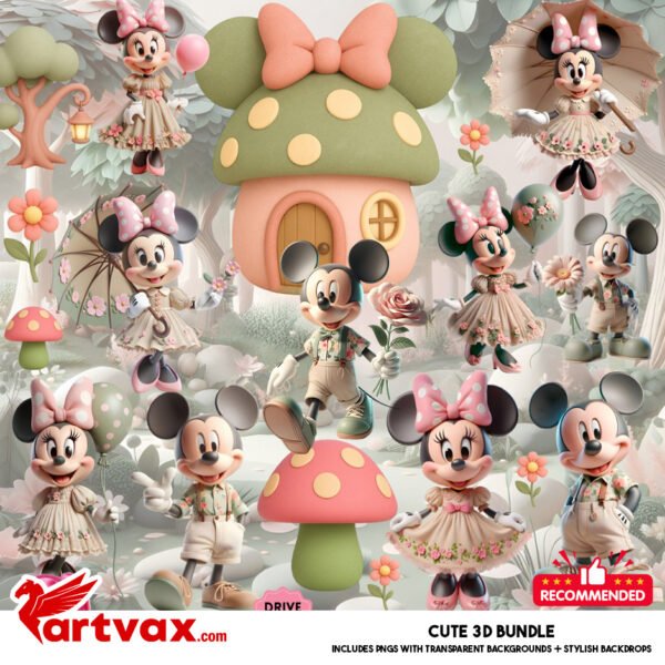 Cute Cottagecore Mickey & Minnie 3D Clipart Bundle