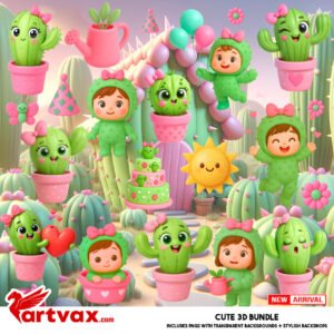 Cute Baby Cactus 3D Clipart Bundle