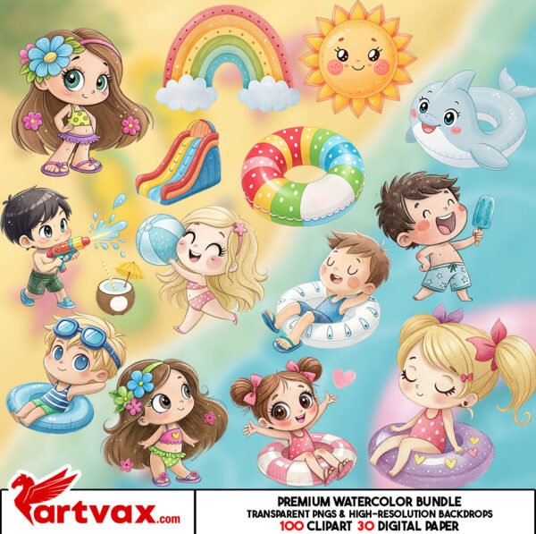 summer Kids Watercolor Clipart Bundle