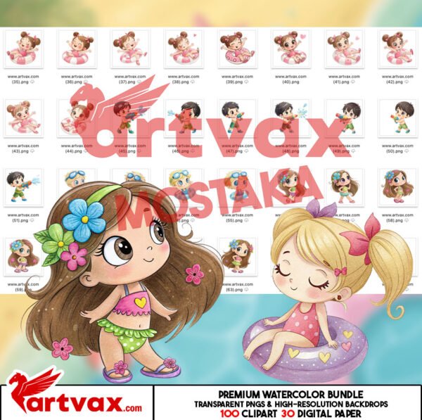 summer Kids Watercolor Clipart Bundle