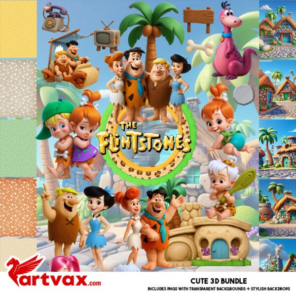 Flintstones Clipart Bundle | Cute 3D Cartoon PNGs & Digital Papers for Kids Crafts, Scrapbooking & Party Designs
