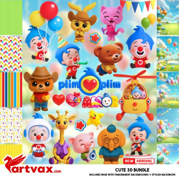 Plim Plim PNG Bundle – Cute 3D Cartoon Characters, Balloons & Backdrops for Birthday Party Decor & Sublimation