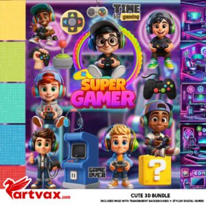 Super Gamer 3D Clipart Bundle | Cute Boys Gaming PNGs with Controllers, Consoles & Digital Papers | Video Game Kids Clip Art for Scrapbook