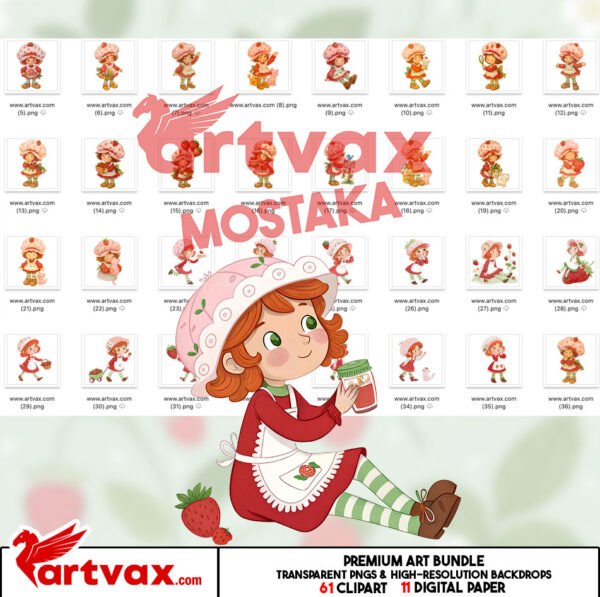 Strawberry Girl Clipart Bundle, Vintage Strawberry Shortcake PNG, Cute Retro Girl Stickers, Digital Download, Kawaii Strawberry Kids Clip Art - Image 2
