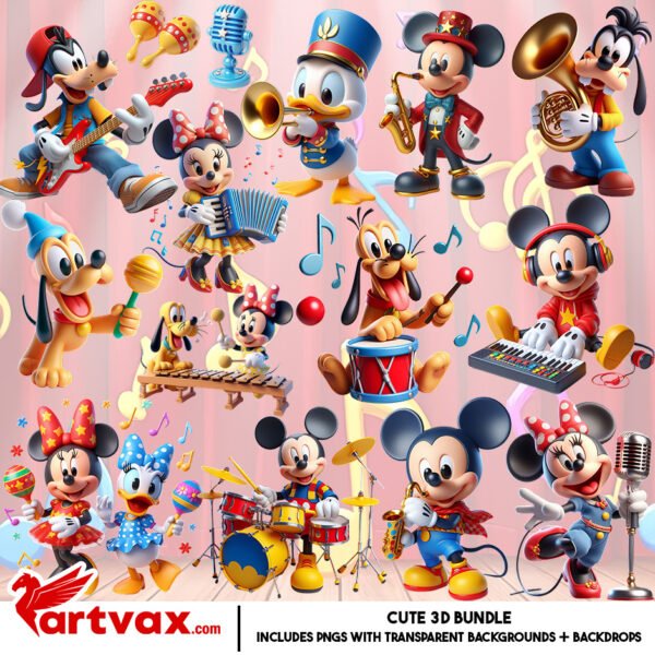 Disney Musical Clipart Bundle | Cute 3D Mickey Minnie Donald Daisy Goofy Pluto PNGs | Music Band Digital Download