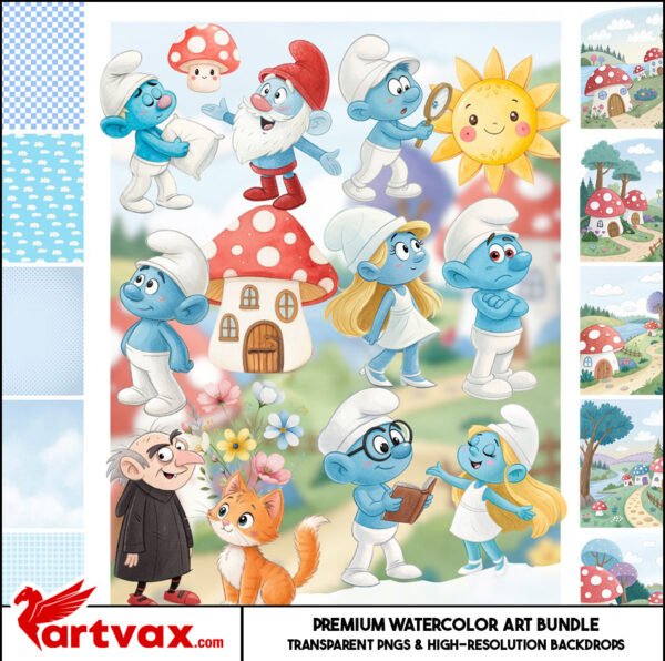 Smurfs Watercolor Clipart Bundle | Papa Smurf, Smurfette, Gargamel & Azrael | Cute Cartoon PNGs + Mushroom House Digital Papers