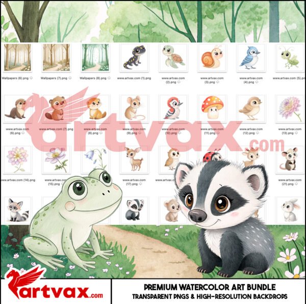 Woodland Forest Animals Clipart | Cute Baby Animal Watercolor PNG | Woodland Nursery Decor, Scrapbooking & Kids Party Bundle - Image 2