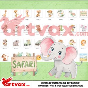 Alternative view of Cute Safari Animals Watercolor Clipart Bundle | Jungle Zoo Animals PNG | Safari Baby Shower Decor | Kids Jungle Party | Digital Download